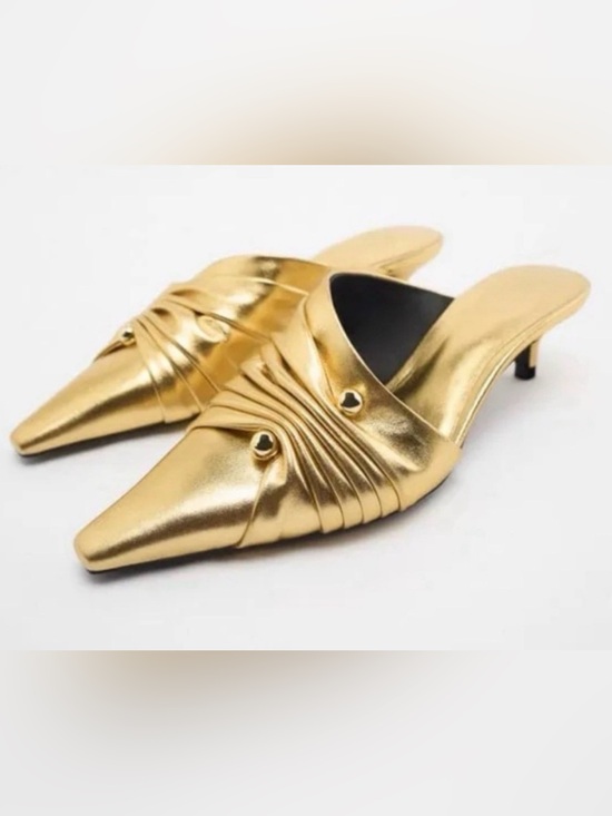 Zara Shoes - Zara Gold Genuine Leather Kitten Heel Mules Pointed Toe Stud Detail Size 37
